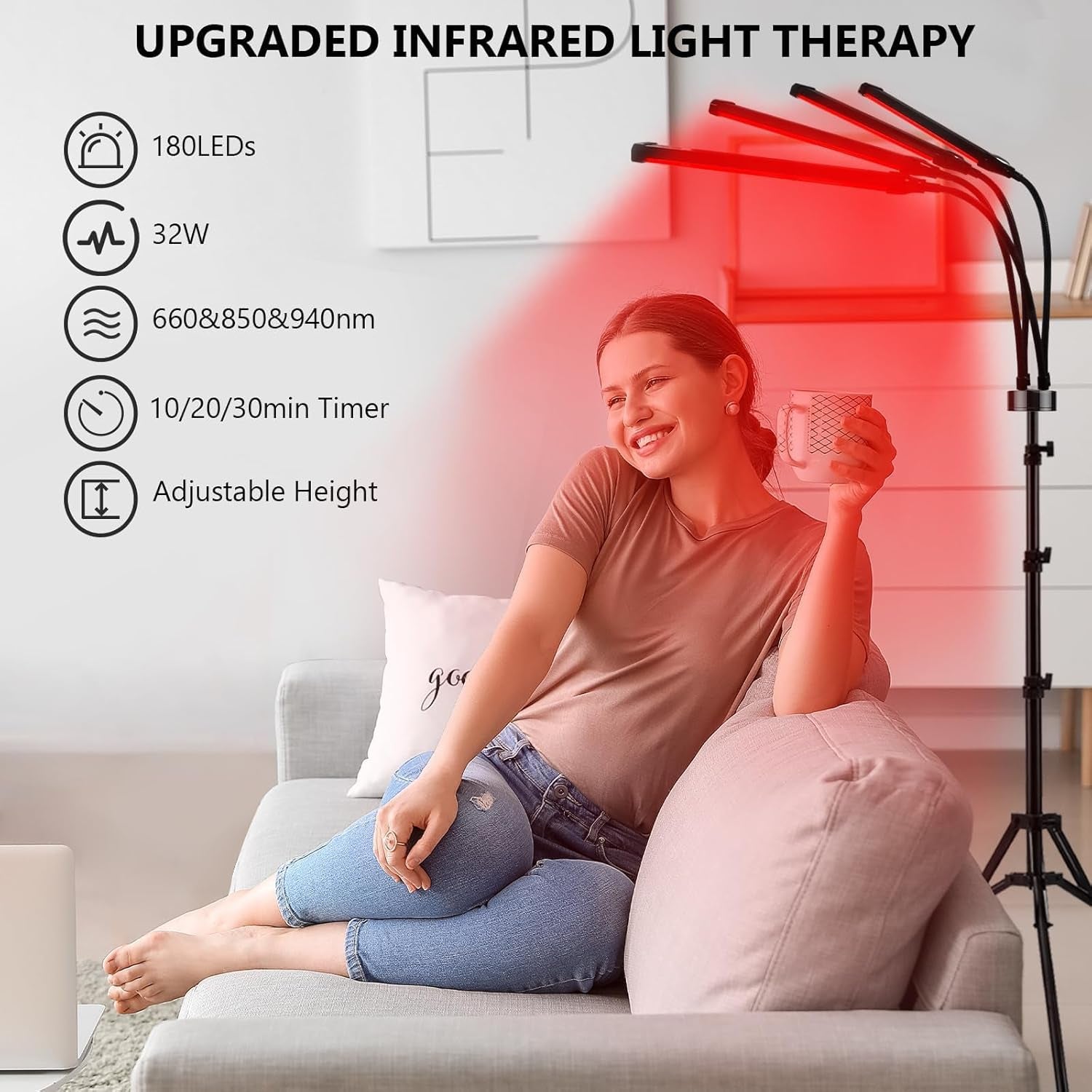 Red Light Therapy, 660Nm & 850Nm & 940Nm Infrared Light Therapy with Stand, Height Adjustable & Angle Adjustable & Timer, 32W 180Leds Infrared Light Therapy for Body